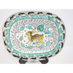 Cottagecore Majolica Platter Plate Tray Antique Rabbit Bunny Italy Green Yellow